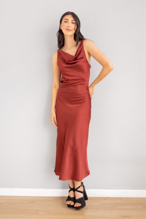 Vestido Satin Espalda Trenzado Vino Oscuro