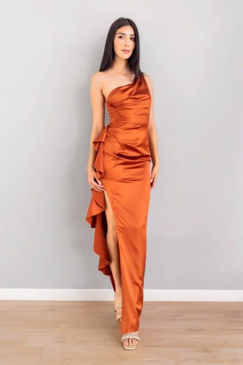 Vestido Asimetrico Bolero en Abertura Lateral Terracota
