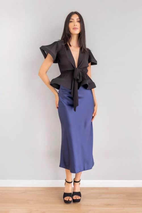 Falda Recta en Satin Azul