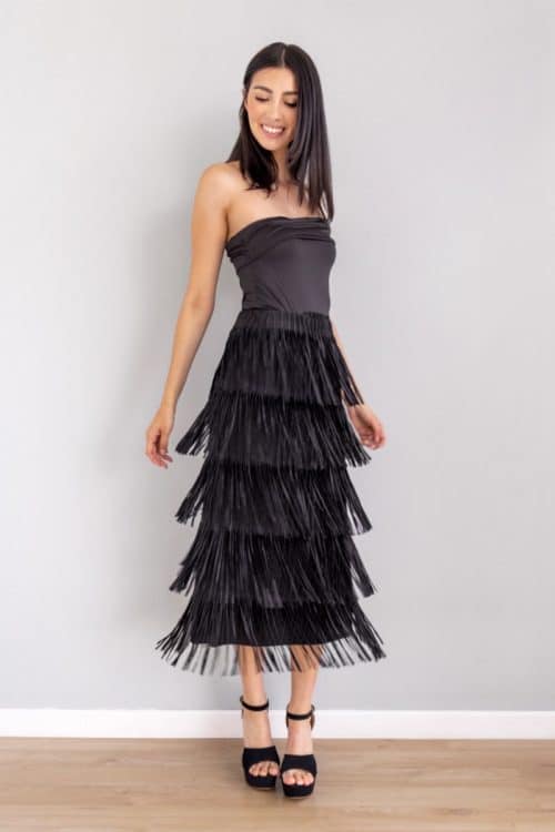 Falda Midi Flecos Negra