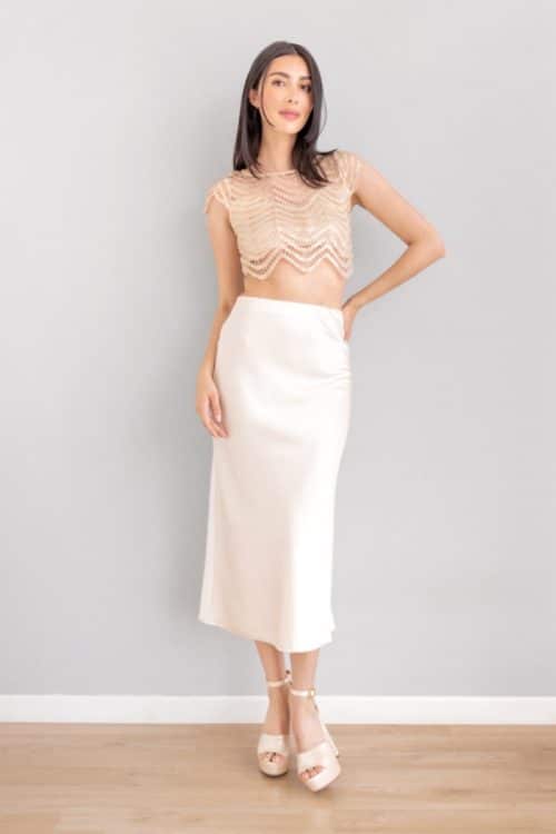 Falda Recta en Satin Marfil