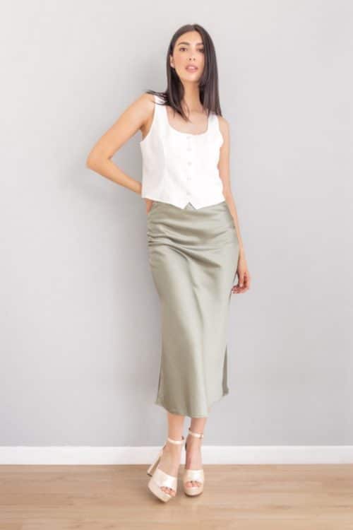 Falda Recta en Satin Verde