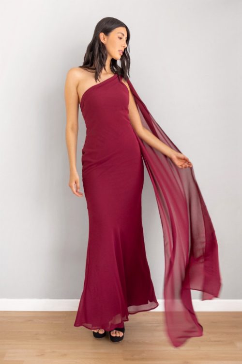 Vestido Asimetrico Liston en Velo Vinotinto