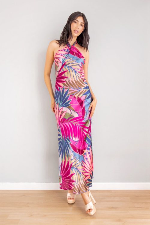 Vestido Halter Entrelazado Print Magenta