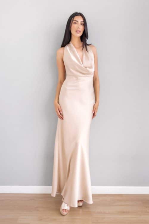Vestido Escote Caido en Satin Champaña