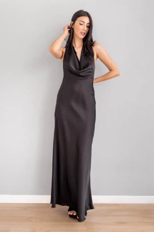 Vestido Escote Caido en Satin Negro