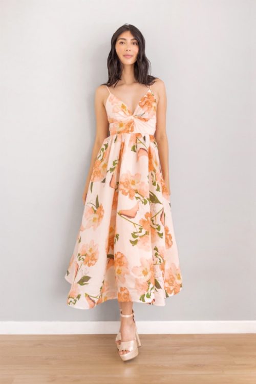 Vestido Midi Falda Vuelo Print Naranja