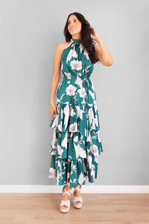 Vestido Cuello Halter y Falda Capas Print Verde