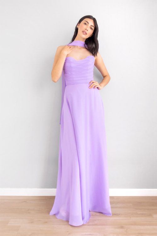 Vestido Escote Corazon Falda en Velo Lila