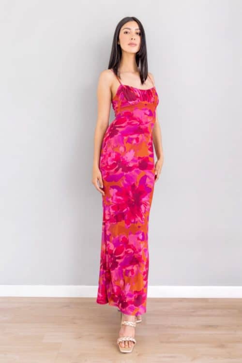 Vestido Fruncido Print Fucsia