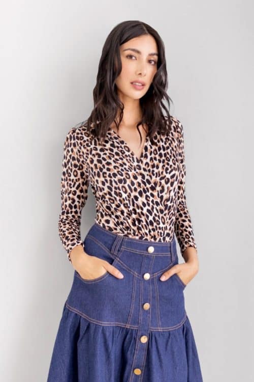 Body Escote Manga Larga Print Leopardo