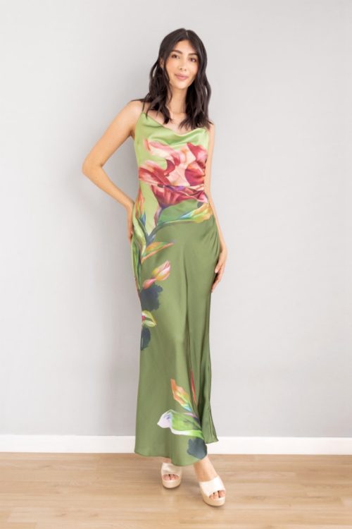 Vestido Escote Drapeado Print Verde