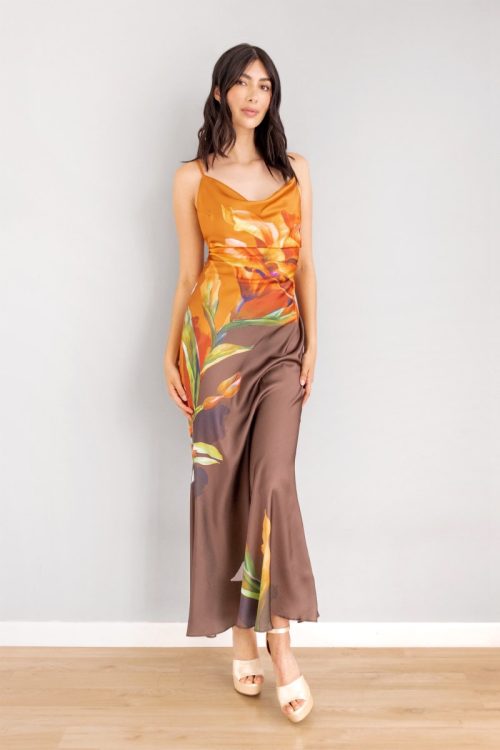 Vestido Escote Drapeado Print Café
