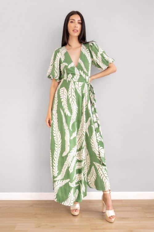 Vestido Manga Globo Print Hojas Verde