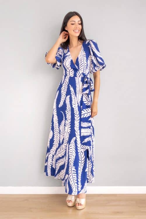 Vestido Manga Globo Print Hojas Azul