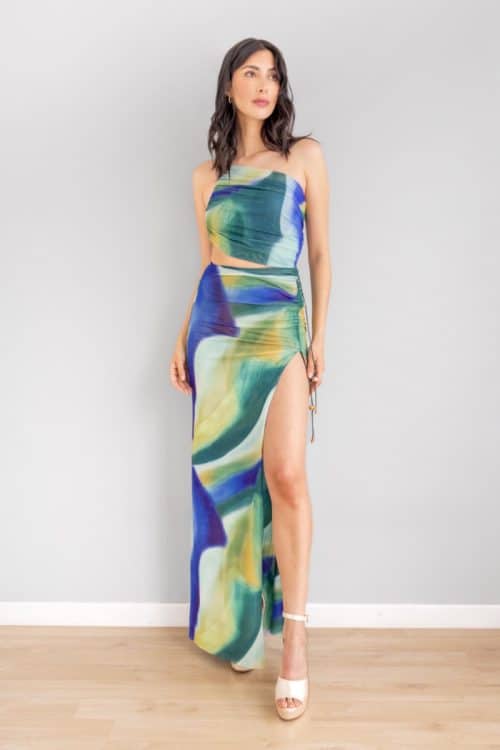 Vestido Asimetrico con Recogido Lateral Print Verde
