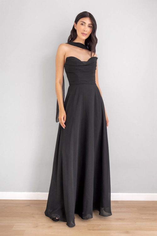 Vestido Escote Corazon Falda en Velo Negro