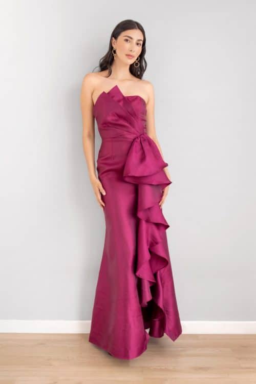 Vestido Strapless Drapeado Lazo Vinotinto