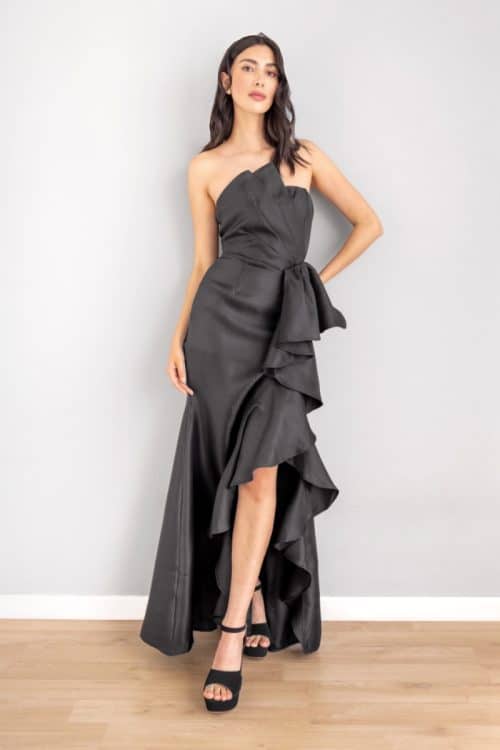 Vestido Strapless Drapeado Lazo Negro