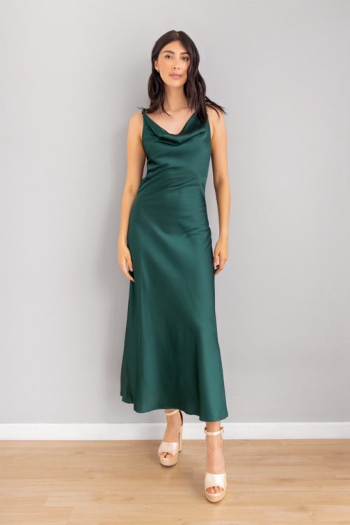 Vestido Satin Espalda Trenzado Verde
