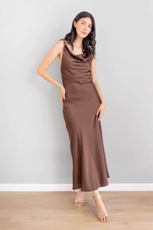 Vestido Satin Espalda Trenzado Café