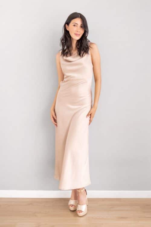 Vestido Satin Espalda Trenzado Champaña