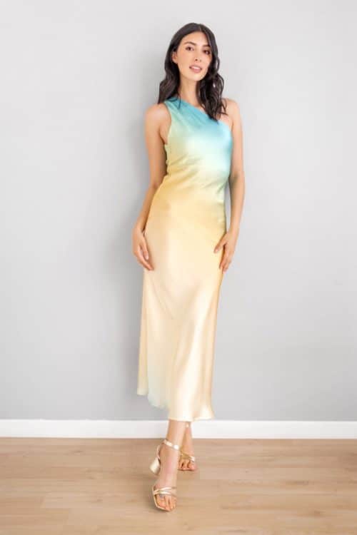 Vestido Asimetrico Degrade Amarillo Con Azul