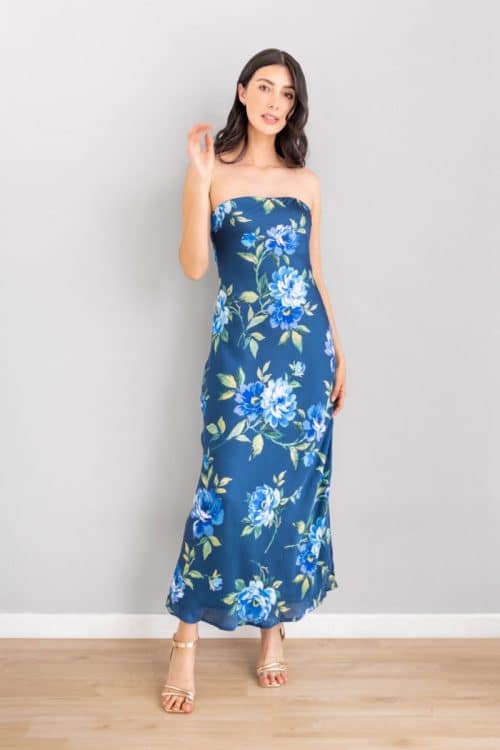 Vestido Strapless Print Flores Azules