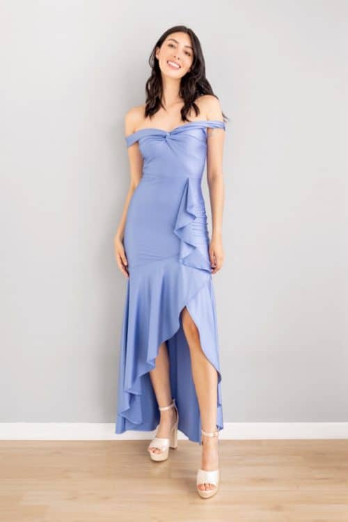 Vestido Escote V Bandeja Abertura Bolero Celeste