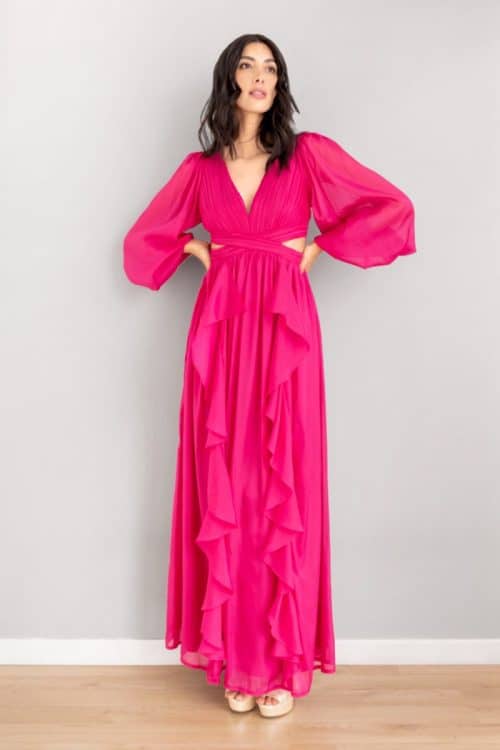 Vestido Manga Larga Corte Cintura Fucsia