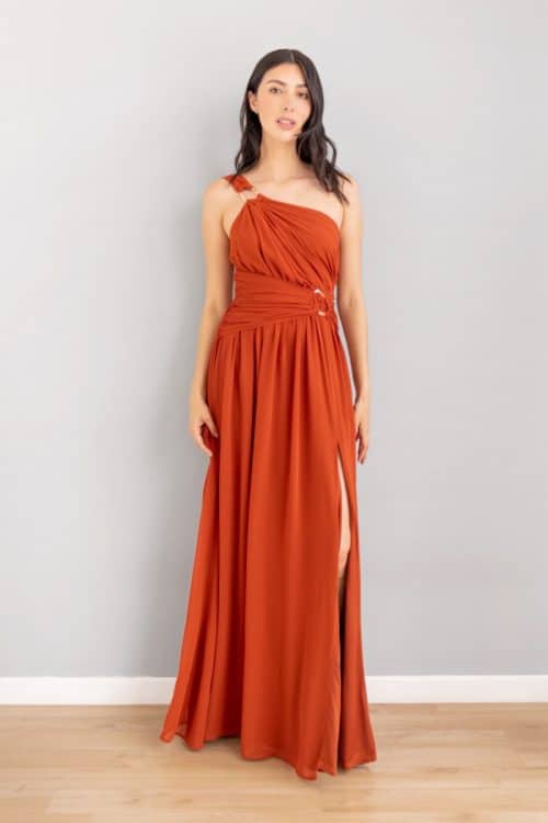 Vestido en Velo Apliques Dorados Terracota