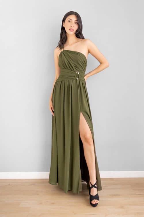 Vestido en Velo Apliques Dorados Olivo