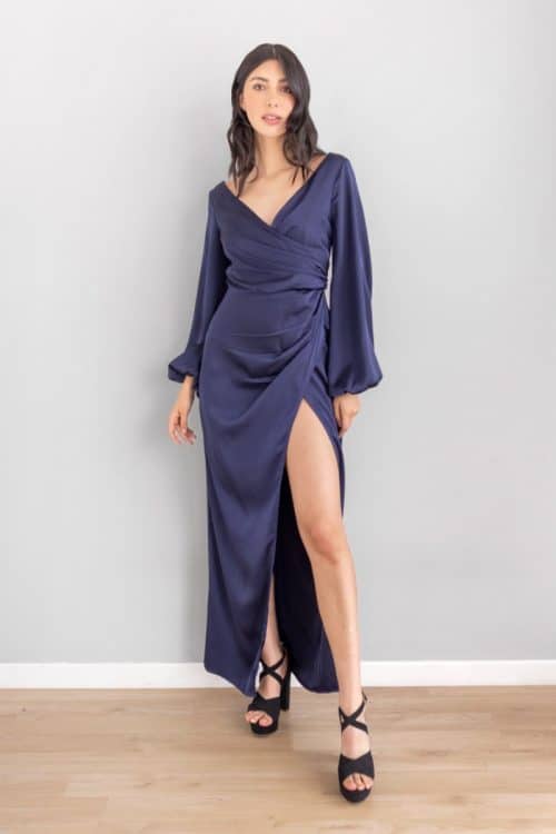 Vestido Escote Cruzado Manga Larga Azul