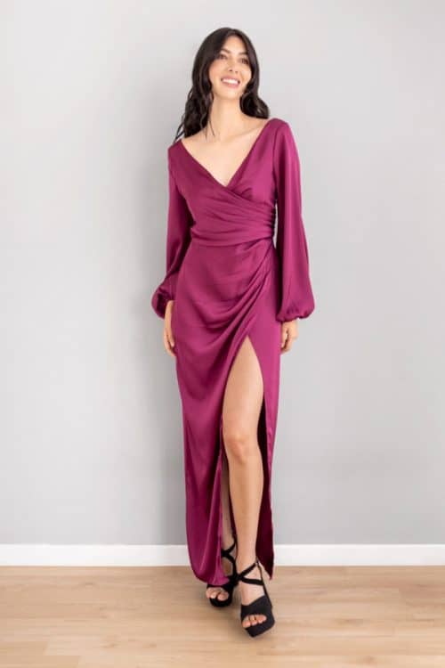 Vestido Escote Cruzado Manga Larga Magenta