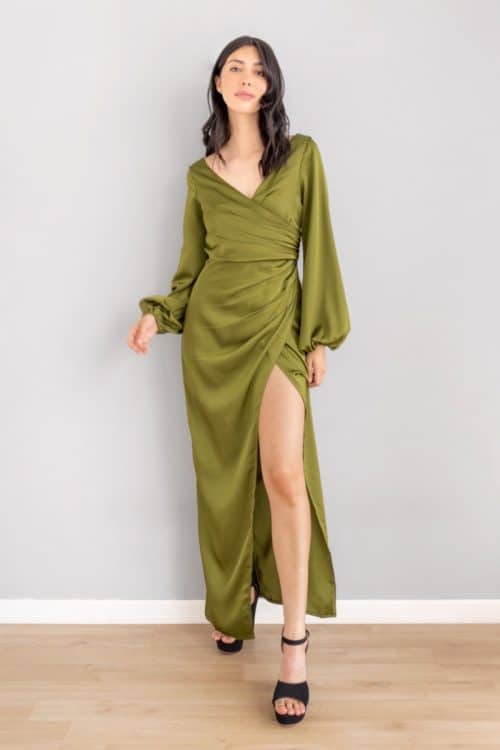 Vestido Escote Cruzado Manga Larga Olivo