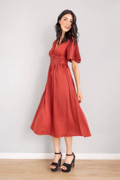 Vestido Escote V Manga Amplia Vinotinto