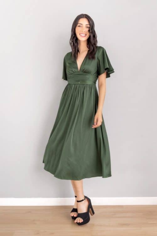 Vestido Escote V Manga Amplia Verde