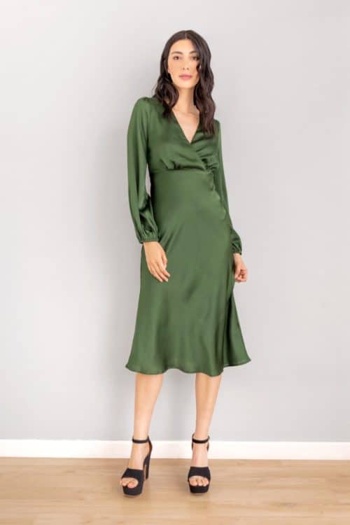 Vestido Midi Escote V Mangas Largas Verde