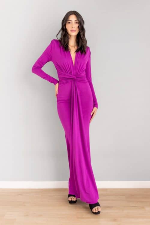 Vestido Lazo Anudado Cintura Manga Larga Morado