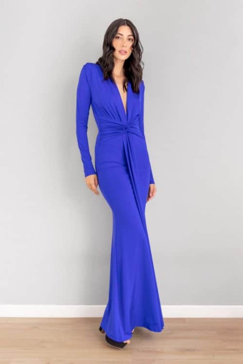 Vestido Lazo Anudado Cintura Manga Larga Azul