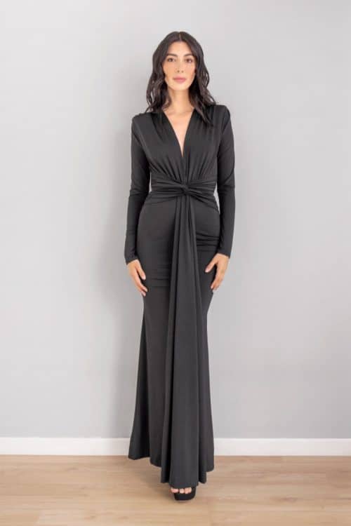 Vestido Lazo Anudado Cintura Manga Larga Negro