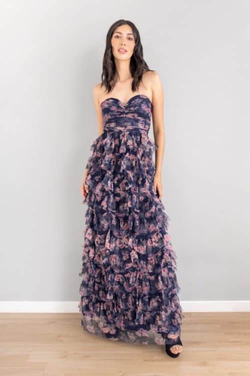 Vestido Strapless Capas Print Azul