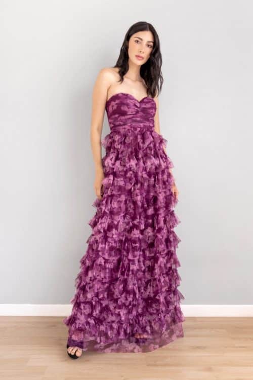 Vestido Strapless Capas Print Vino