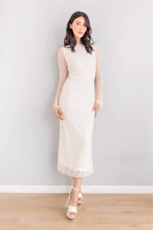 Vestido Manga Larga Encaje Marfil