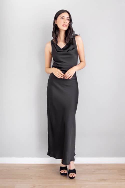 Vestido Satin Espalda Trenzado Negro