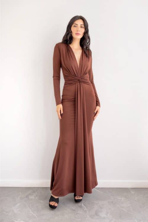 Vestido Lazo Anudado Cintura Manga Larga Café