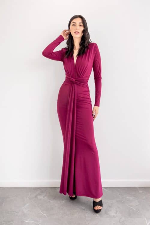 Vestido Lazo Anudado Cintura Manga Larga Vinotinto
