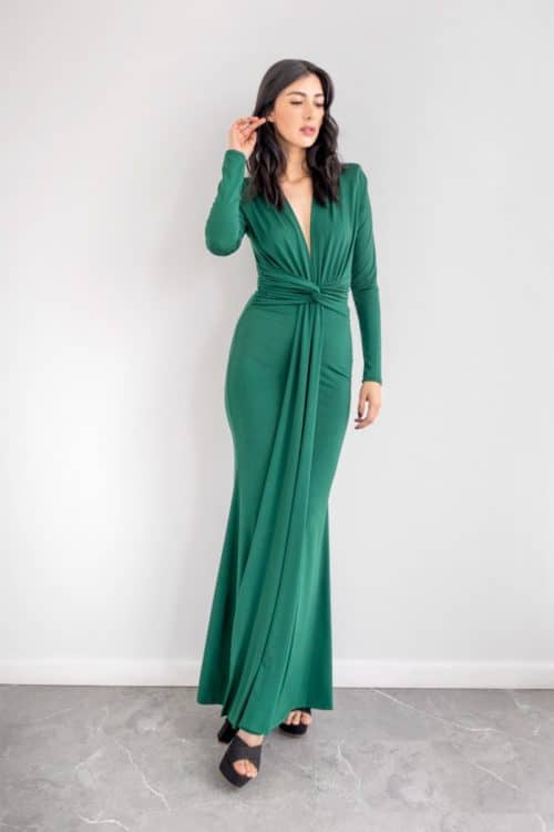 Vestido Lazo Anudado Cintura Manga Larga Verde