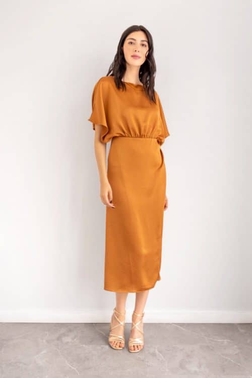 Vestido Midi Top Bluson Falda Tubo Camel