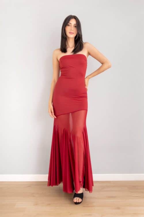 Vestido Strapless Falda Velo Vinotinto